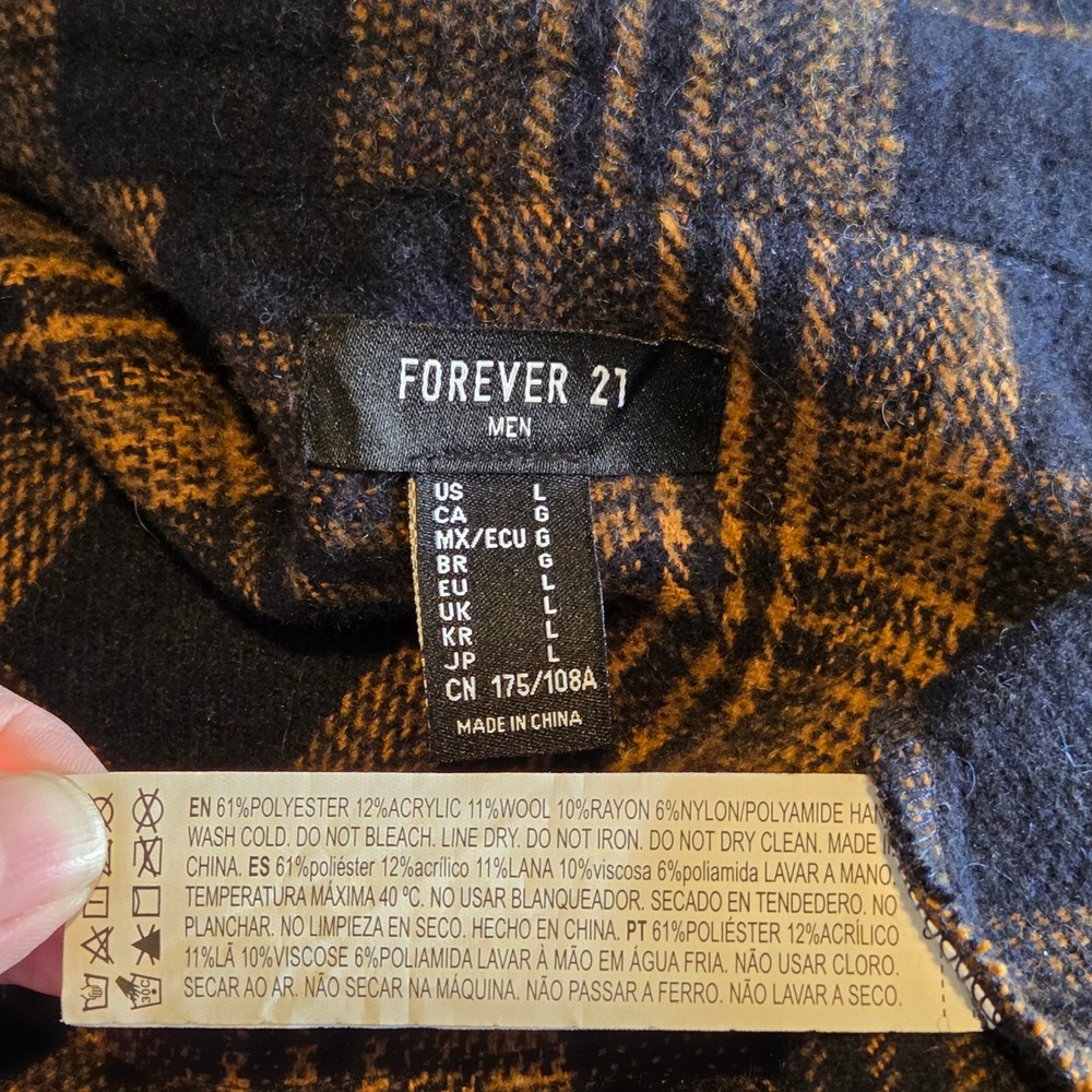 Forever 21 Brown Navy‎ Plaid Heavy Wool Blend Shacket Men L Bandana Print Grunge - Picture 3 of 5